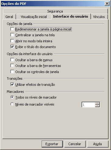 A opção PDF marcado possibilita habilitar as hiperligações no documento PDF. A opção Exportar notas possibilita habilitar os marcadores.