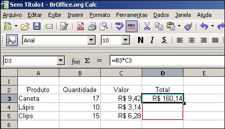 Exemplo: Para copiar a fórmula constante da célula D3, que é a multiplicação da célula B3 pela C3, para as células D4 e D5, posicione o mouse na alça de preenchimento da célula D3 e arraste para