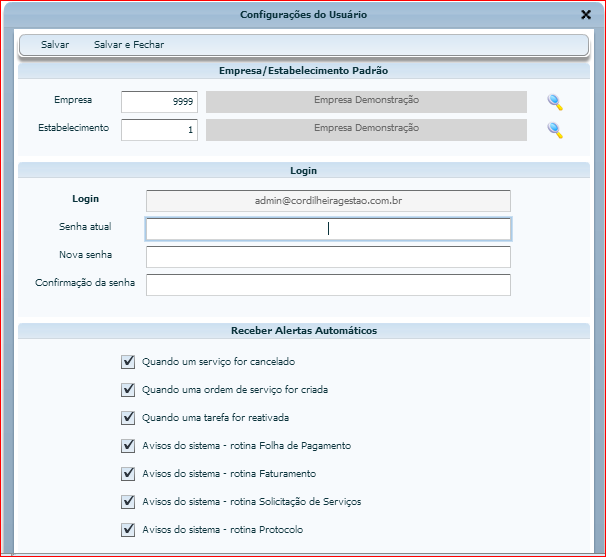 3. Minhas Configurações Clicando no item Minhas Configurações, em Configurações, será habilitada configuração de usuário.