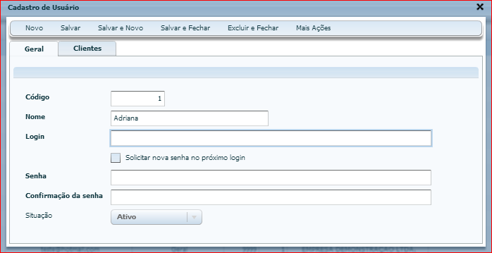 5.1.5. Usuário Relacionamento Cadastre os usuários de seus clientes que terão acesso ao Portal de Relacionamento conforme o grupo de permissões que estiverem vinculados.