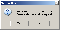 Venda Balcão Abertura de Caixa Após ter ativado o Venda Balcão, quando for iniciar uma venda, o Venda Balcão irá solicitar a ABERTURA DE CAIXA.