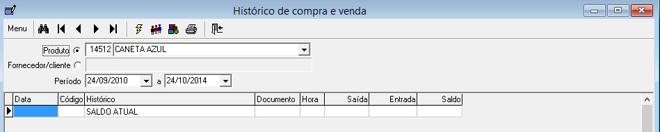 5.8 Histórico de entrada e saídas Muito útil para pesquisar não só o saldo do item como também a movimentação de compra e venda Digite o código ou parte do nome do produto na caixa de diálogo Produto