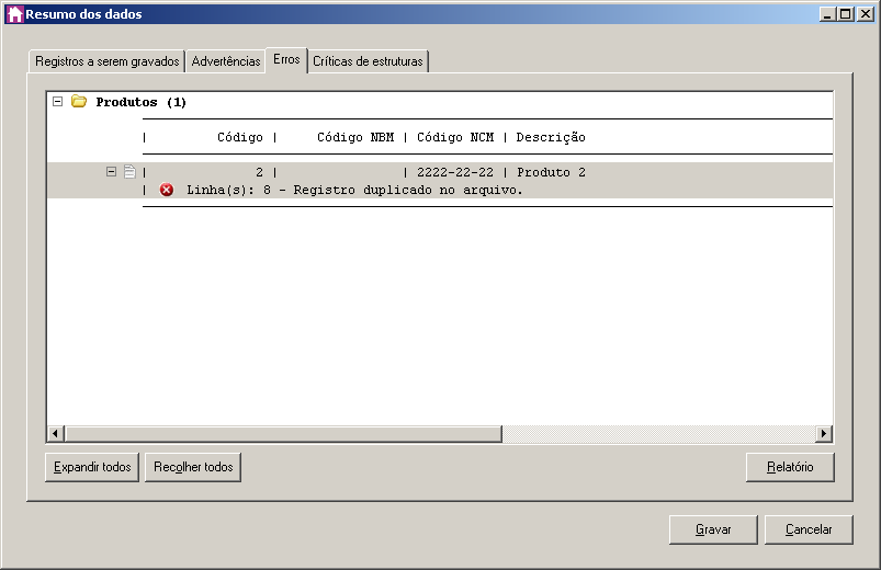 1. Na guia Erros, serão demonstrados os registros que possuem erros. 2. Clique no botão Expandir todos, para expandir todos os grupos de registros. 3.