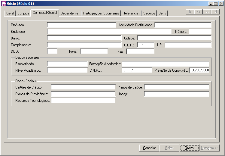 Nessa guia, conforme a figura abaixo, você deverá informar os dados comerciais e sociais do sócio. Para isso, proceda da seguinte maneira: 1. No campo Profissão, informe a profissão do sócio. 2.