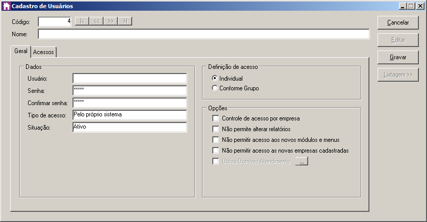 1. Clique no menu Controle, submenu Trocar Usuário, para abrir a janela Troca de Usuários, conforme a figura a seguir: 2. No campo Usuário, informe o nome do usuário que irá se logar ao sistema. 3.