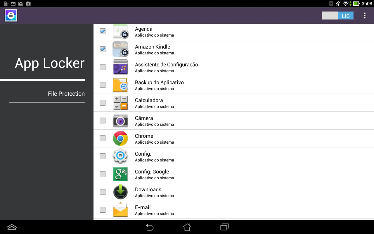 Tela do App Locker Toque neste ícone para abrir as configurações do App Locker. Mova a barra de controle para a direita para ativar a lista de aplicativos.