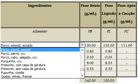 Figura 3 Exemplo de planilha e formula para calculo dos fatores de cocção, de acordo com a FTP desenvolvida no Microsoft Office Excell 2010.