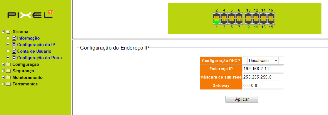 2 Tabela de Menu No lado esquerdo da página, é mostrado a tabela de menu, onde contém 8 menus principais. Cada menu tem algum submenu. Clique em um menu para abrir o submenu correspondente.