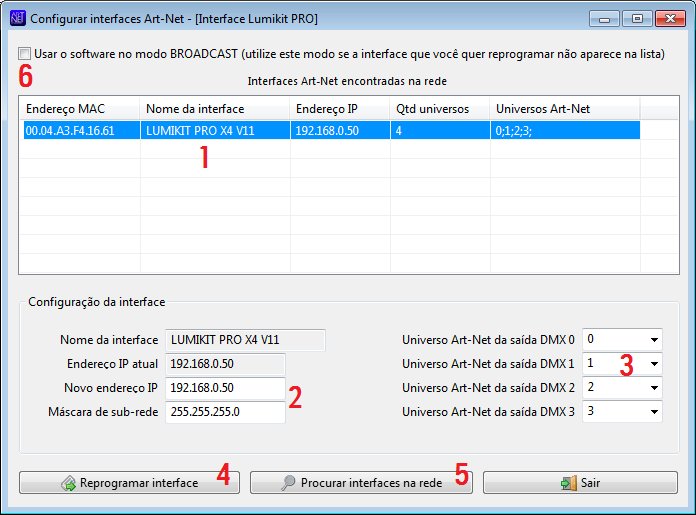 3. Configurando a interface Lumikit PRO X4 É possível configurar os universos Art-Net que serão usados em cada um dos 4 conectores e as configurações de rede da interface, por isso ao fazer a