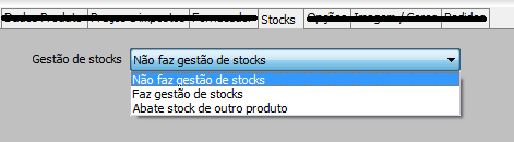 22 Img. 31 Separador Fornecedor 4º) No separador Stocks pode definir se não faz gestão de stocks, se faz gestão de stocks ou se abate stock de outro produto (Img. 32). Img. 32 Separador Stock - Se fizer gestão de stocks pode definir se o stock desse produto seja considerado quebra ao fechar o dia.