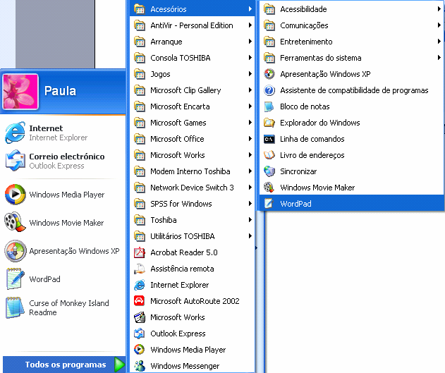 40. Iniciar o WordPad Para além do sistema operativo, o Windows XP dispõe de ferramentas (utilitários e programas) que permitem executar um vasto conjunto de tarefas.