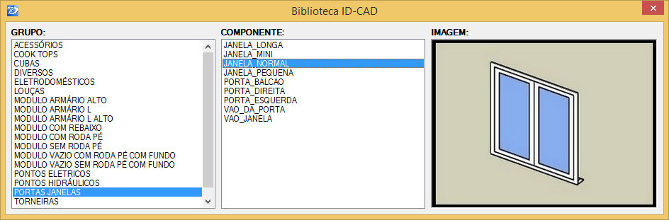 Comando (BIB) Biblioteca IDCad Nesta janela podemos inserir objetos e módulos ao projeto, escolhendo um grupo e depois o componente, para inserir no projeto basta dar um duplo clique no nome do