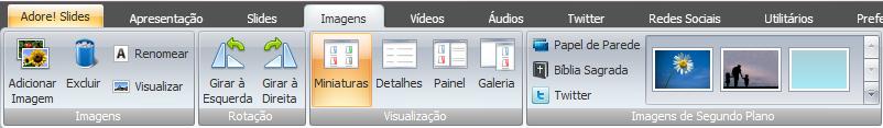 P á g i n a 29 Vídeos Miniaturas dos vídeos que estão na galeria de vídeos para serem aplicados nos slides Aba Imagens Organize todas suas imagens na galeria de imagens Imagens Adicionar Imagem