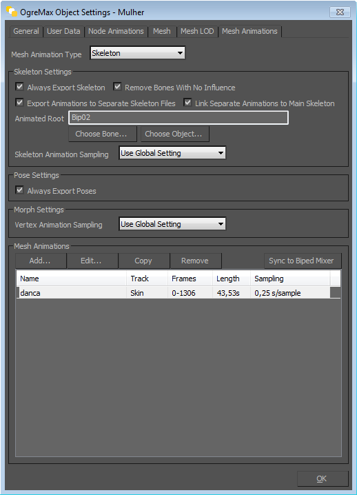 Capítulo 5. Testes Efectuados 41 Figura 5.2: OgreMax Scene Exporter for 3DS Max. De seguida na opção Mesh Animations vamos adicionar a dita animação, ao escolher a opção Add.