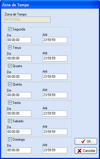Figura 13 Cadastro de Zona de Tempos Habilite os dias da semana e horários conforme mostra na figura e clique no botão de OK. 10.