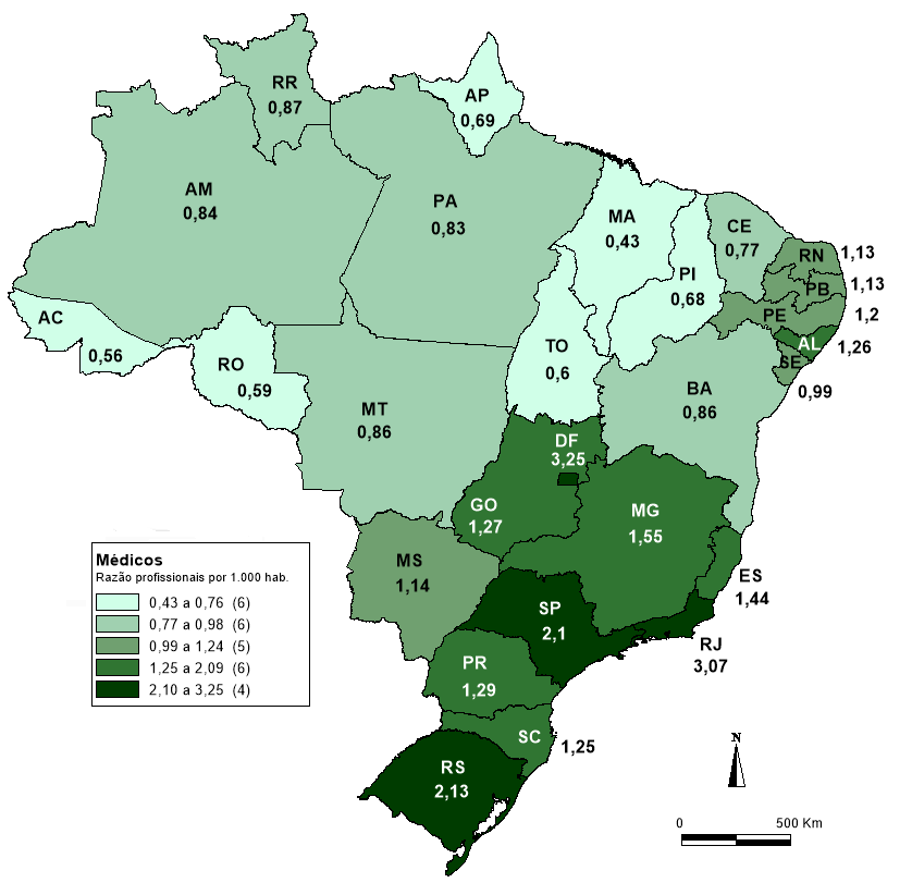 Mapa 1 Brasil, 2000: Distribuição da razão do nº de MÉDICOS por