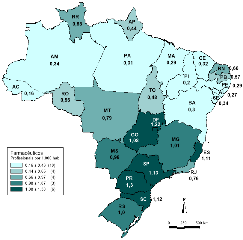 Mapa 8 Brasil, 2010: Distribuição da razão do nº de FARMACÊUTICOS por