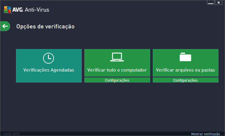 Na caixa de diálogo Opções de verificação, é possível ver três seções principais de configuração de verificação: o Verificações agendadas - clique nessa opção para abrir um novo diálogo com uma visão