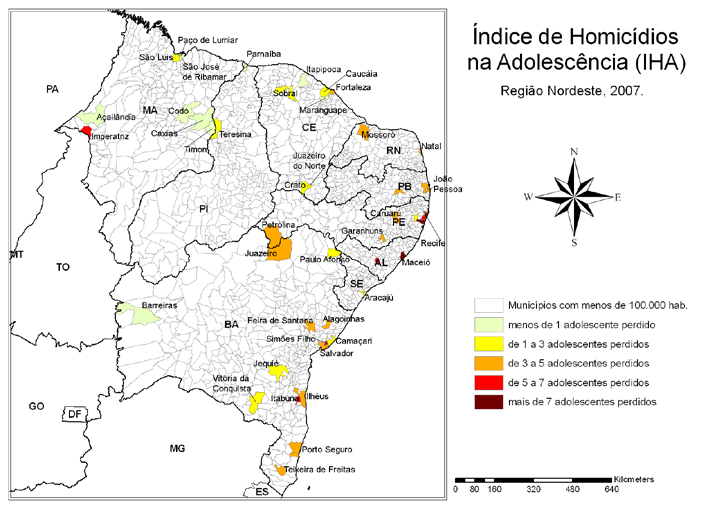 O Mapa 4 apresenta os municípios da Região Nordeste, onde é possível observar pequenos conglomerados de cidades com alta incidência de violência letal contra adolescentes.