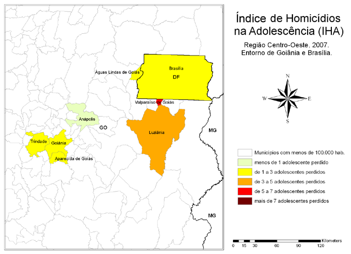 Mapa 6 - Índice de Homicídios na Adolescência Região Centro-Oeste Ano 2007 O município de Goiânia, capital de Goiás, e o Distrito Federal, em detalhe no Mapa 7, apresentaram IHA de aproximadamente