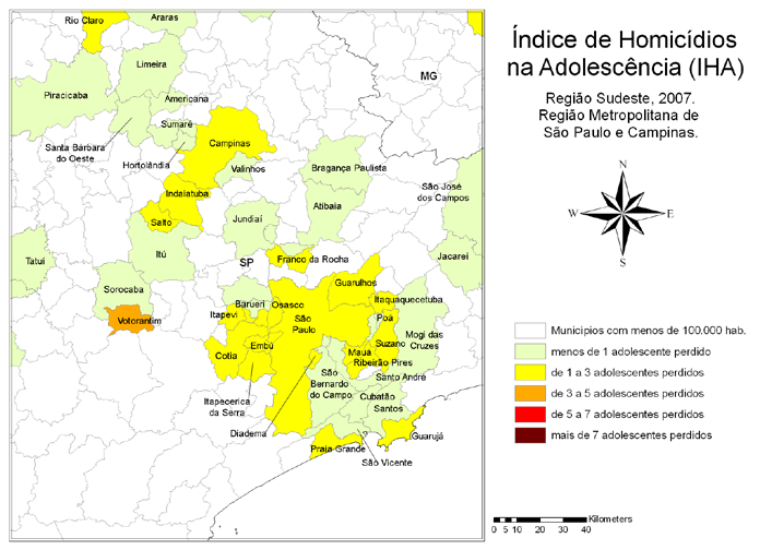 Mapa 13 - Índice de Homicídios na Adolescência Região Sudeste, Regiões Metropolitanas de São Paulo e Campinas Ano 2007 Na Região Sul (Mapa 14) está o município com o IHA mais alto de todos os