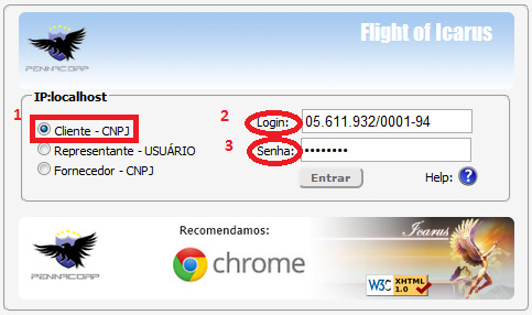 Tela de Login Cliente - CNPJ (1) O Cliente tem a opção de seu próprio CNPJ¹. (2) Digita o seu CNPJ. Ex. 05.072.394/0001-07. (3) Digita a senha correspondente.