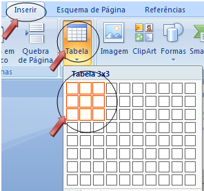 Tarefa 5 Inserir tabela Na barra de ferramentas escolhe a opção INSERIR e depois em TABELA e, com o rato selecciona a opção 3x3, conforme o exemplo. Copia o esquema que te é fornecido.