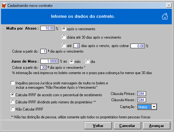 Dia do Repasse Proprietário: Data que será emitido o repasse para o proprietário, podendo ser antes do período, durante o período, após o período ou x dias úteis após recebimento do aluguel.