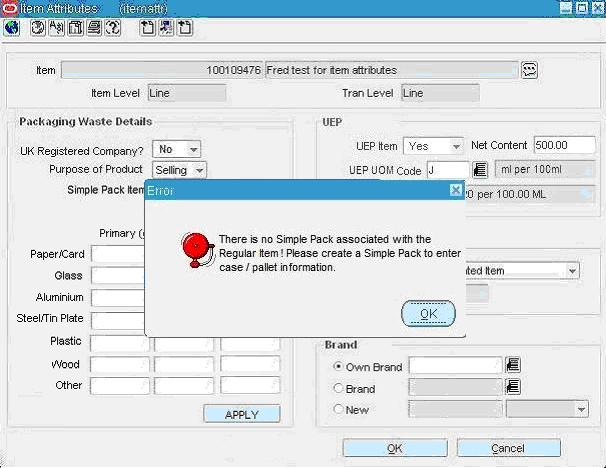 Imagem 15: Erro de Pack Se o campo UK Registered Company estiver a Yes, então o utilizador não terá de definir esta informação ao nível do Pack, portanto as colunas Case e Pallet vão estar