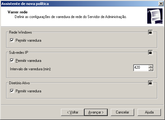 G U I A D E R E F E R Ê N C I A Para permitir a checagem automática de rede usando a estrutura do Diretório Ativo, marque a caixa Permitir varredura no grupo Diretório Ativo. Figura 70.