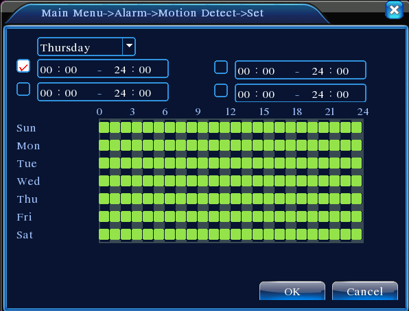 Figura 4.6 Programando o período de tempo Interval Somente um sinal de alarme é ativado mesmo que haja vários sinais de detecção de movimento no intervalo programado.