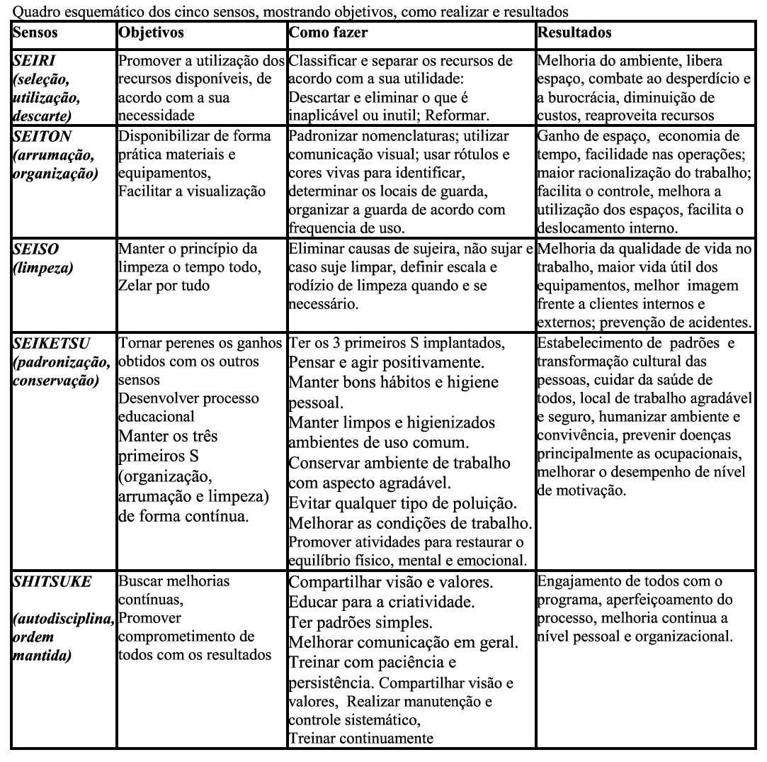 5. Shitsuke (senso de autodisciplina): apoiar e disciplinar, isto é, retomar os primeiros Ss de maneira que o processo seja contínuo e interminável. Fonte: Greco, 2009.