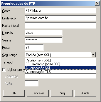 28 S.O.S BACKUP FREE Editando FTP Nesta janela, você pode definir as configurações do servidor FTP. Conta: nome da conta de FTP. Endereço: nome do servidor, sem o prefixo ftp://. Exemplo: ftp.virtos.