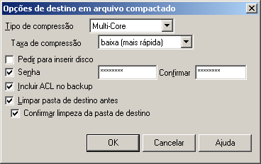 36 S.O.S BACKUP FREE Editando opções de.zip Nesta janela, podem ser definidas as opções que controlam o backup feito por meio da geração de arquivos.zip. Tipo de compressão: selecione Sem compressão quando as origens do trabalho já estiverem compactadas (exemplo, backups de arquivos.