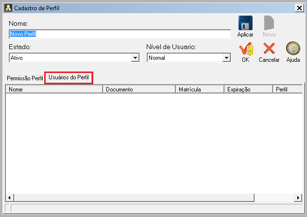 4.1. Lista de usuários do perfil Para visualizar a lista de usuários vinculados ao perfil (quando cadastra-se um usuário, seleciona-se o perfil), na janela Cadastro Perfil
