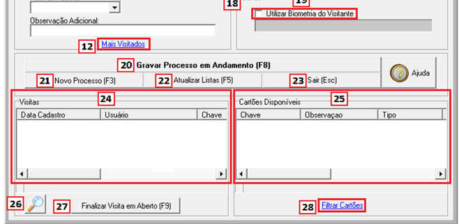 2. A janela Cadastro de Visitantes e Visitas possui muitas opções, mas provavelmente não serão utilizadas todas estas funcionalidades de uma única vez, logo abaixo será explicado todos os campos e