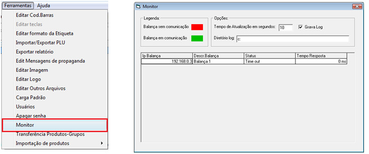 Monitor O monitor permite verificar se todas as balanças estão conectadas a rede, seu tempo de resposta