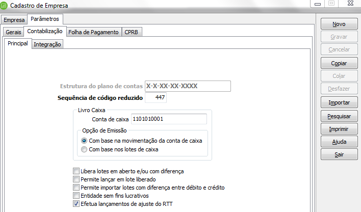 Estrutura do plano de contas: Define como será estruturado o plano de contas, informando a quantidade de níveis e a quantidade de dígitos de cada nível.