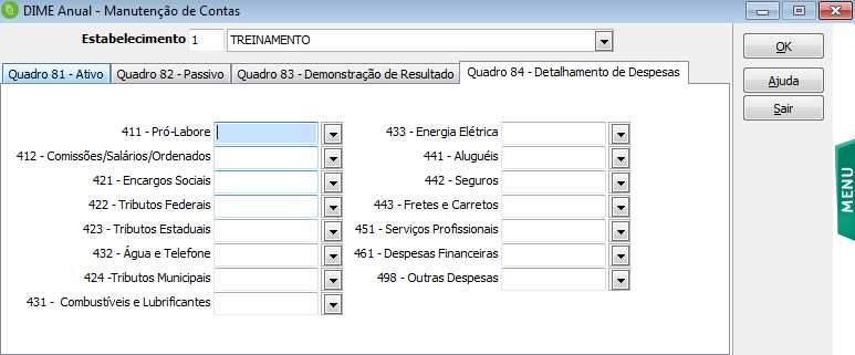 Quadro 83 - Demonstração de Resultado: Informe o número da classificação das contas contábeis de resultado, conforme plano de contas cadastrado no Sage Contabilidade.