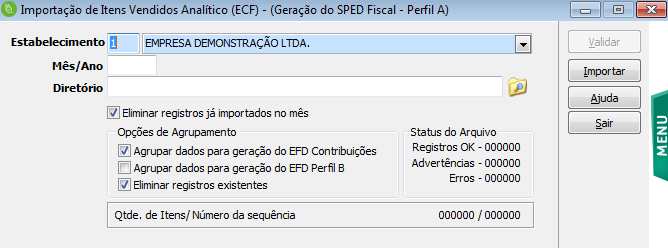 Mês/Ano: Selecione/Informe o mês e ano de registro das notas. Diretório: Informe a localização do arquivo de importação.