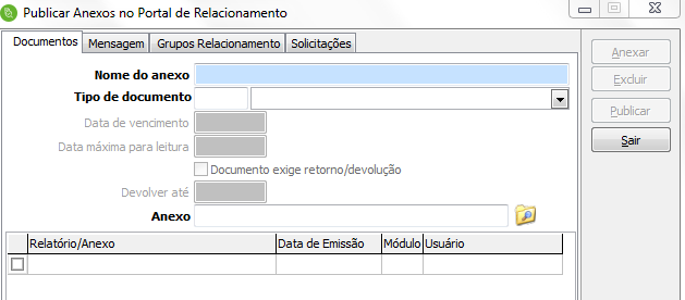 Por este rotina, é possível publicar documentos na Plataforma Sage. Lembrando que a cada relatório emitido pelo Sage, é possível publicar direto no Portal de Relacionamentos.