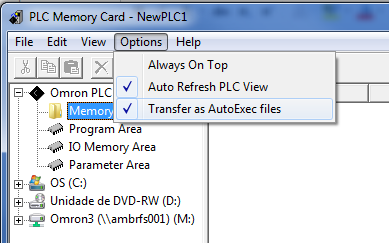 Clique no botão botão Sim. Após a formatação será necessário enviar os arquivos AUTOEXEC para o cartão. Para isto abra a guia Options e selecione Transfer as AutoExec files.