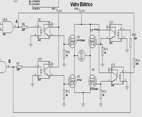 39 Motor Vidro elétrico: 12v/5A Circuito Ponte H V A V R8 - V U9 = 0V 5 V 1,5 V = V R8 V R8 = 3,5 V I R8 = = = 15mA Por simetria do circuito Ponto A = Ponto B V R8 = V R14 = 3,5 V I R8 = I R14 = 15mA