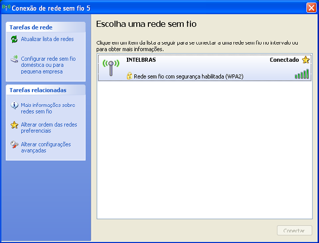 5. Assim que clicar em Conectar, verifique se sua rede estará com a informação de Conectado, finalizando assim a configuração do dispositivo, como exibe a imagem a seguir: Lista da rede sem fio