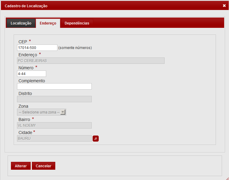 4.2.1. Endereço O endereço da localização é obrigatório e organizado pelo CEP. Para alterar o endereço, altere o CEP primeiro.