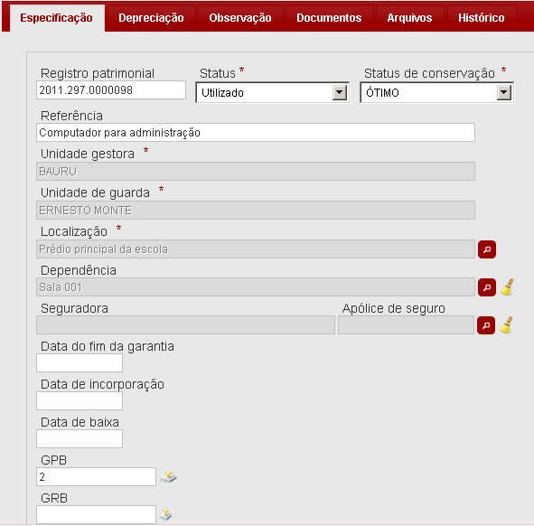 8. Alocar o bem em uma dependência Ao alocar o bem em uma dependência, o usuário deve registrar no sistema essa informação no cadastro do bem em módulo Bens->Cadastro de bens.