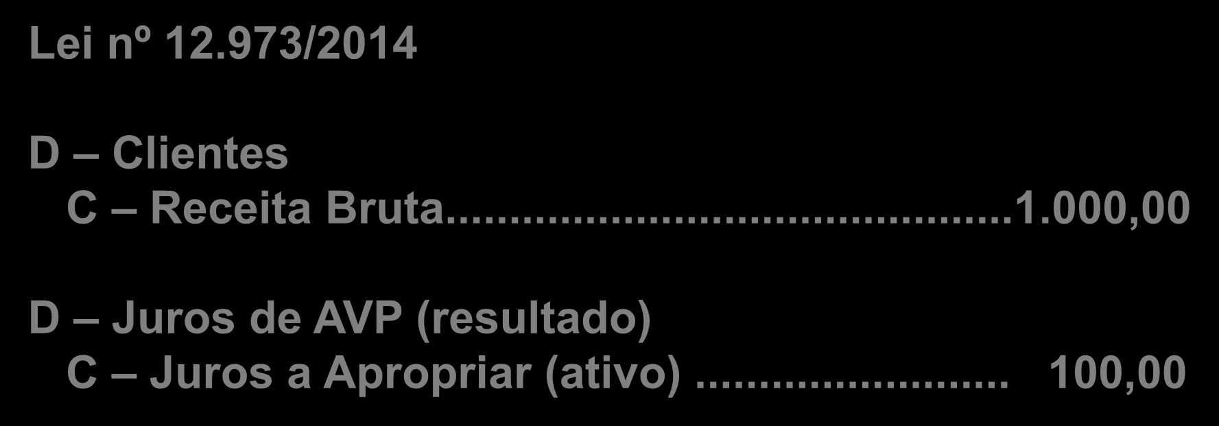 Receita Bruta IFRS D Clientes...1.000,00 C Juros a Apropriar... 100,00 C Receita... 900,00 Lei nº 12.