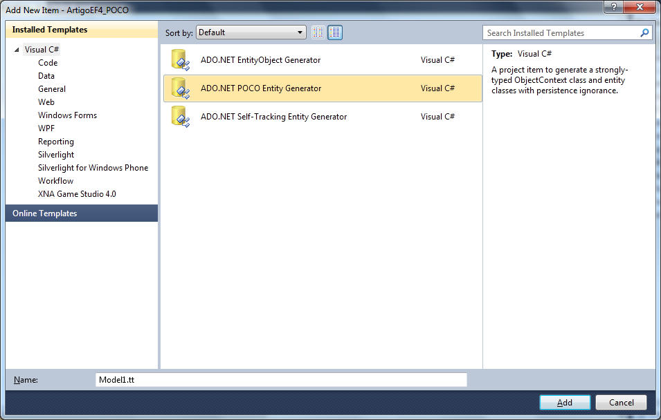 Figura 11 Usar o ADO.NET POCO Abra o Solution Explorer e note os seguintes novos arquivos: Model1.Context.tt e Model1.Context.cs. Todo arquivo com extensão.