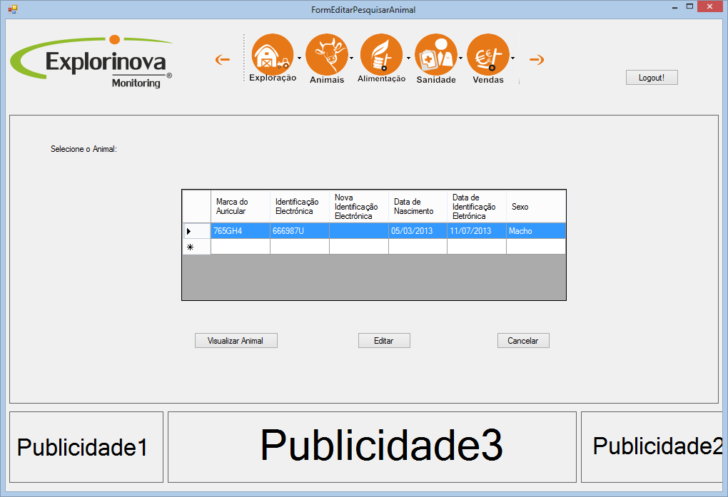 5.3.7 Janela Escolher Animal a Editar/Pesquisar Nesta janela, como é visível na imagem 30, o agricultor poderá ver todos os animais que foram inseridos na sua exploração através de um DataGridView.