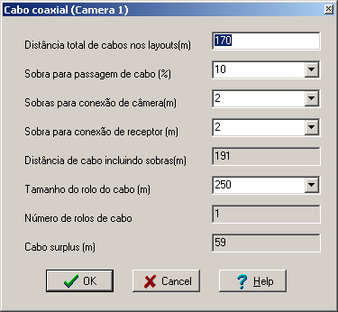 As opções, tipo e parâmetros da linha designada para representar os cabos coaxiais, podem ser alteradas na janela de Opções do.